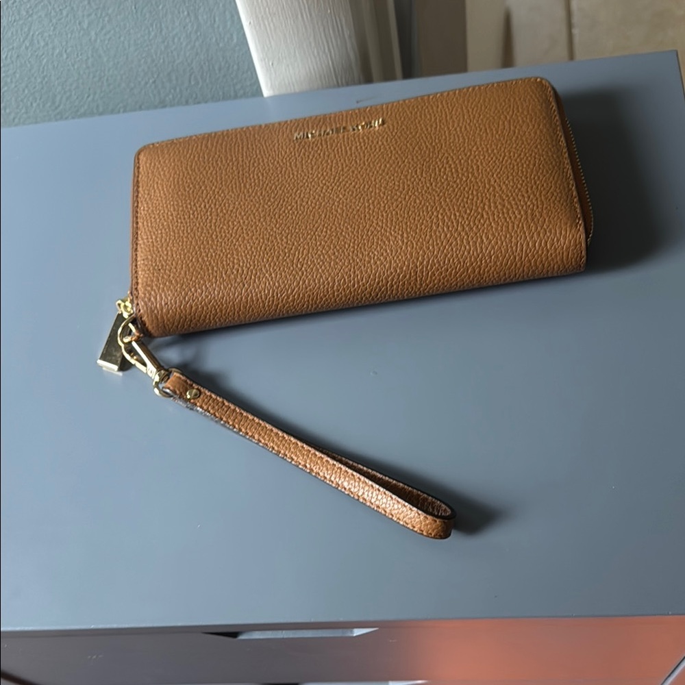 Michael Kors Brown Leather Wristlet with Gold Accents